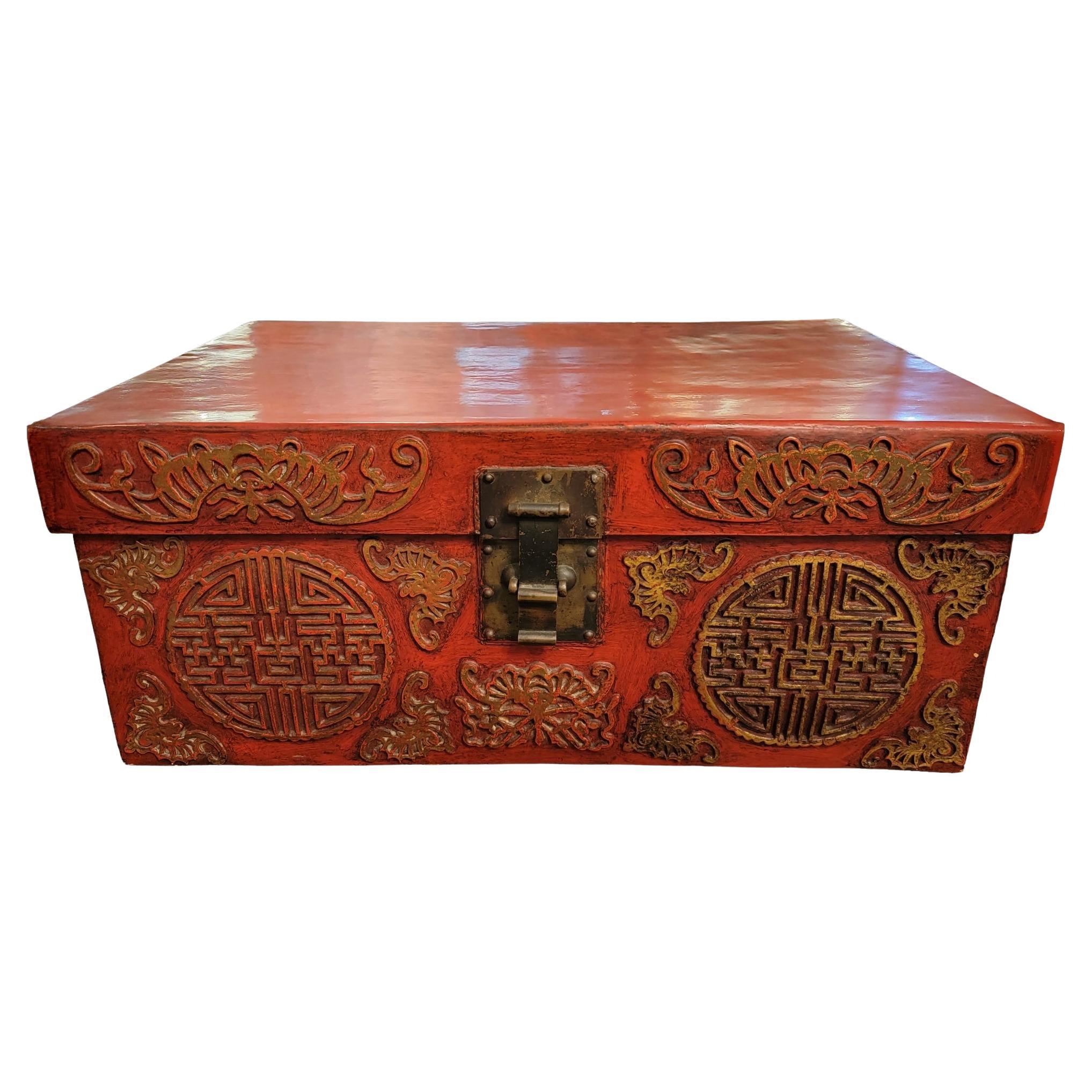 Late 18thC Chinese Leather Wooden Trunk For Sale