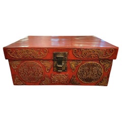 Used Late 18thC Chinese Leather Wooden Trunk