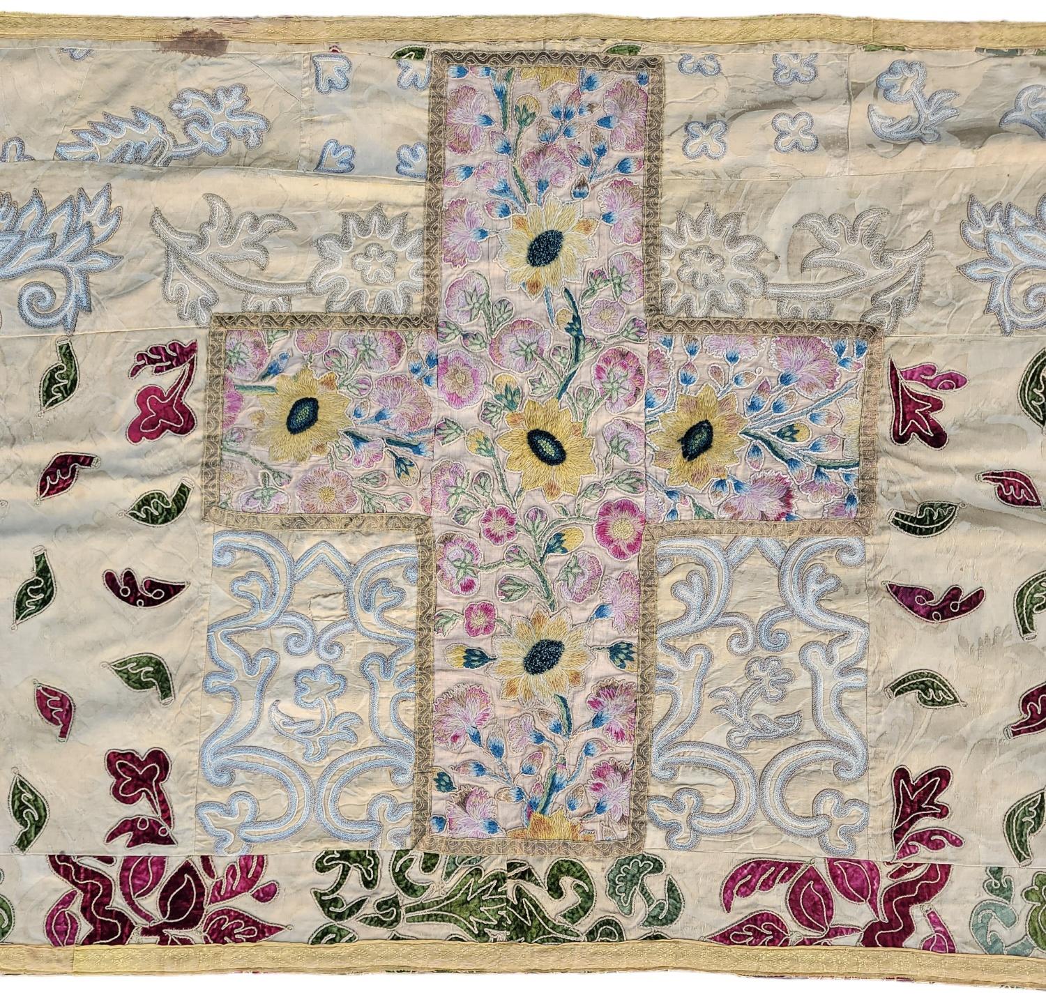 Italian Hand Made Applique Alter Cloth Over Linen. The cross is sewn in the middle of the cloth. The flowers around and in between the cloth are all sewn in. The edges have wear from age and use. The linen backing has wear from age and use. Measures