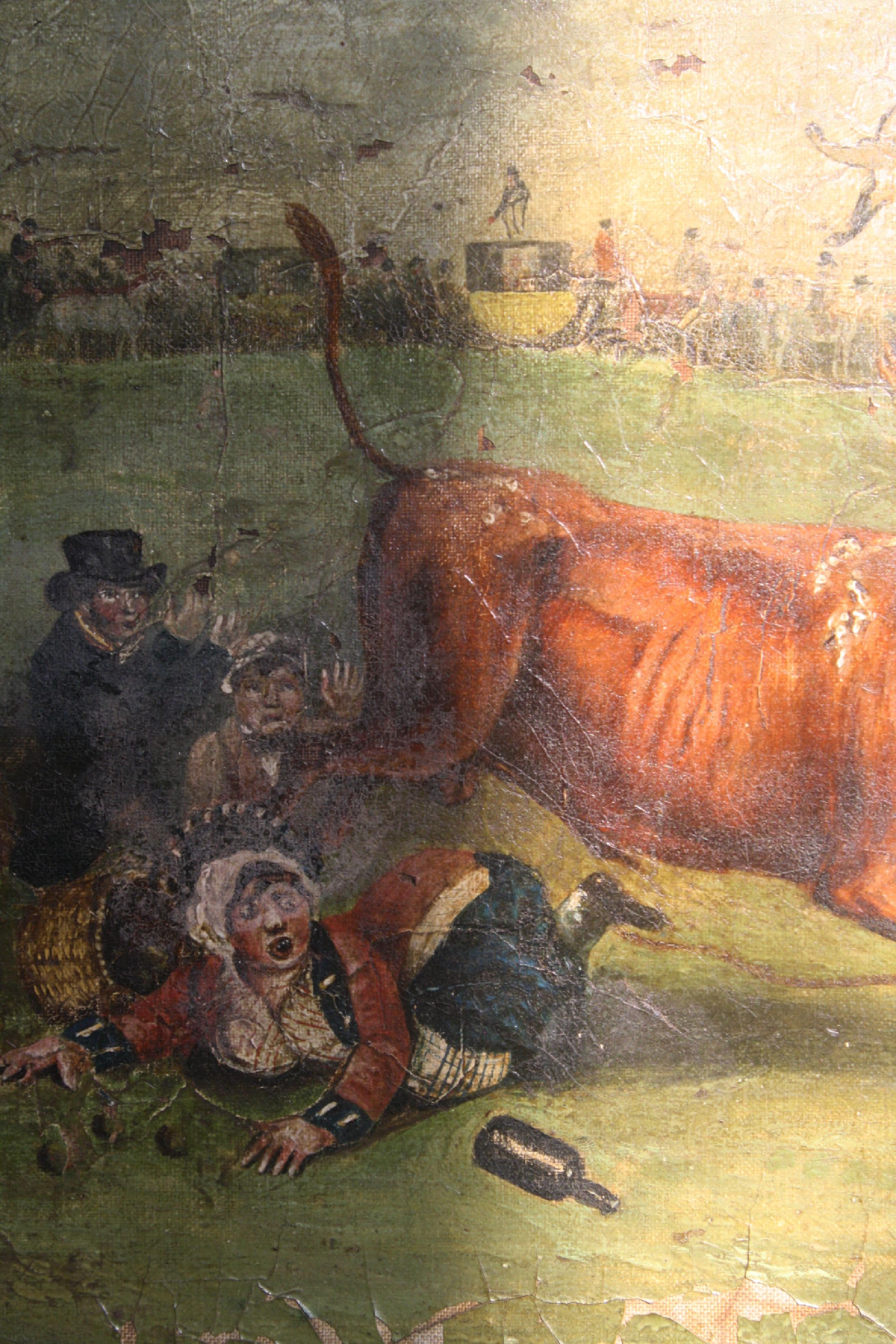 Peinture à l'huile sur toile « Bull Broke Loose » représentant un taureau battant, école anglaise naïve tardive en vente 2