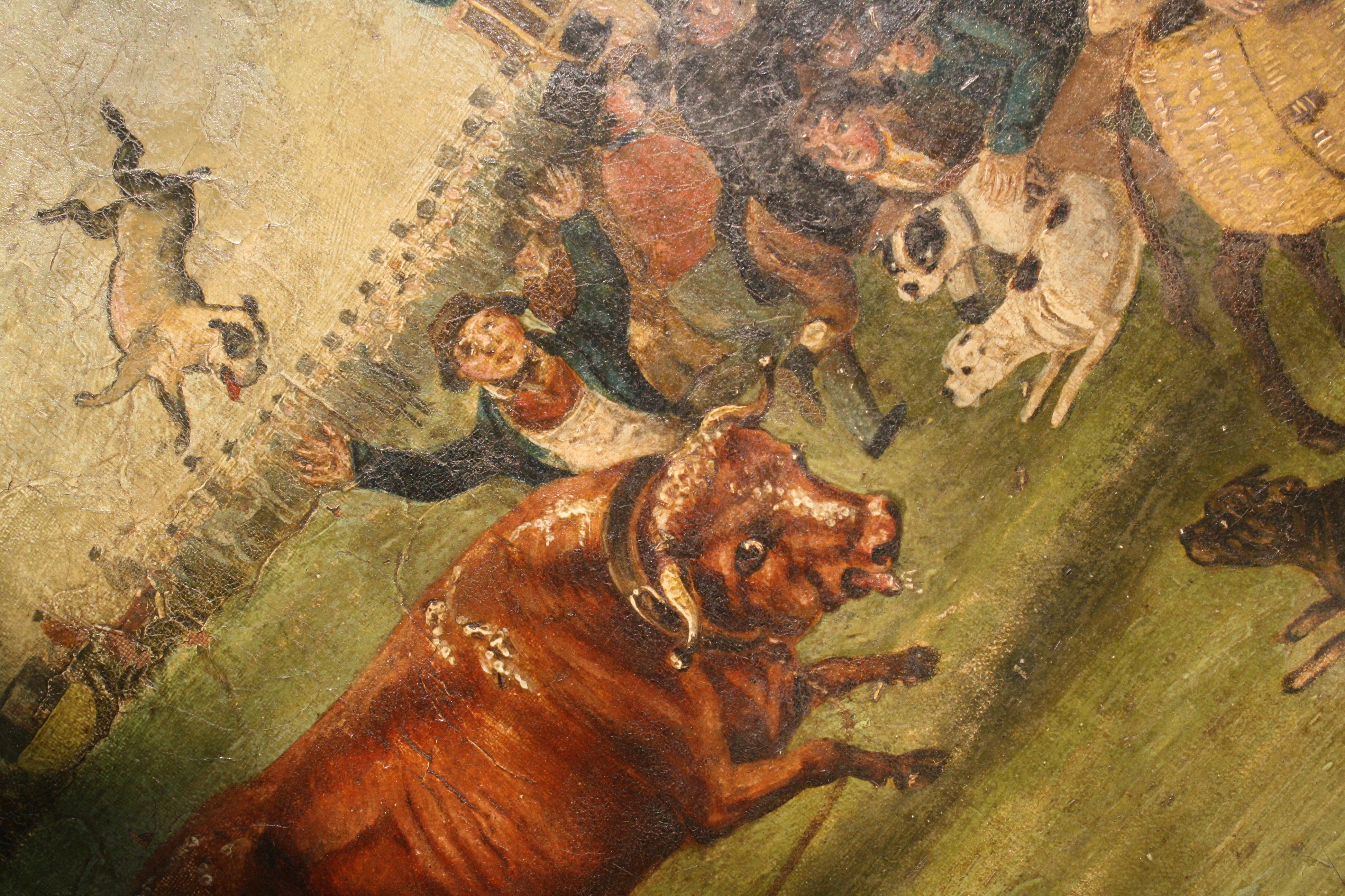 Peinture à l'huile sur toile « Bull Broke Loose » représentant un taureau battant, école anglaise naïve tardive en vente 3