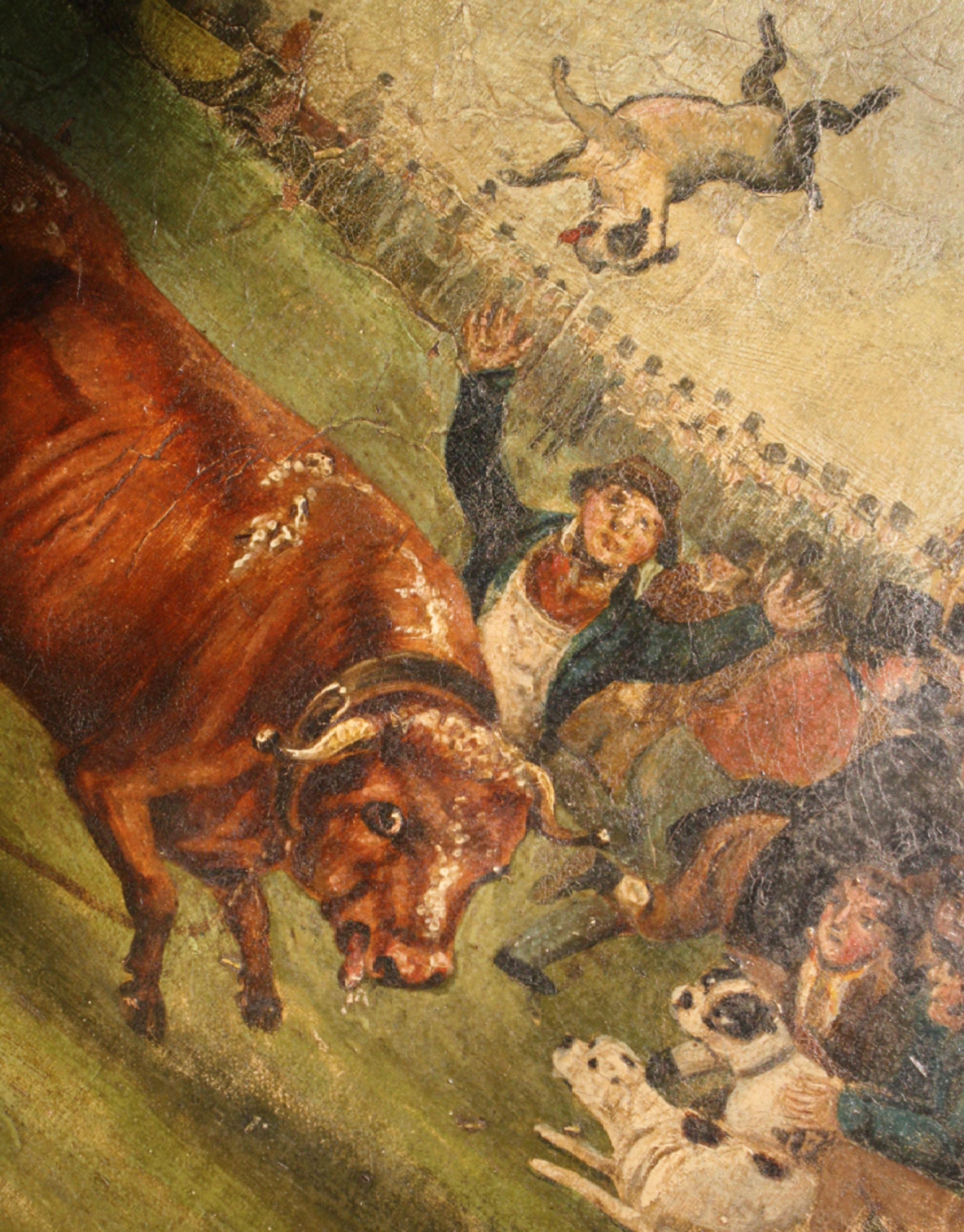Peinture à l'huile sur toile « Bull Broke Loose » représentant un taureau battant, école anglaise naïve tardive en vente 4