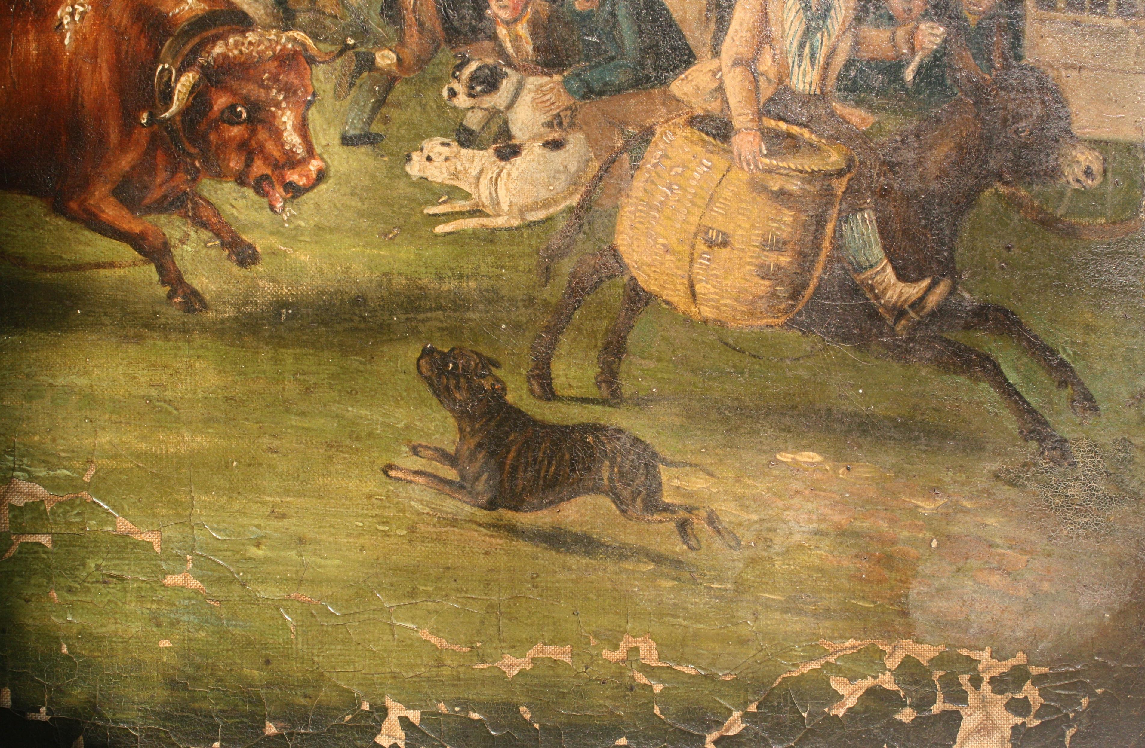 Peinture à l'huile sur toile « Bull Broke Loose » représentant un taureau battant, école anglaise naïve tardive en vente 7