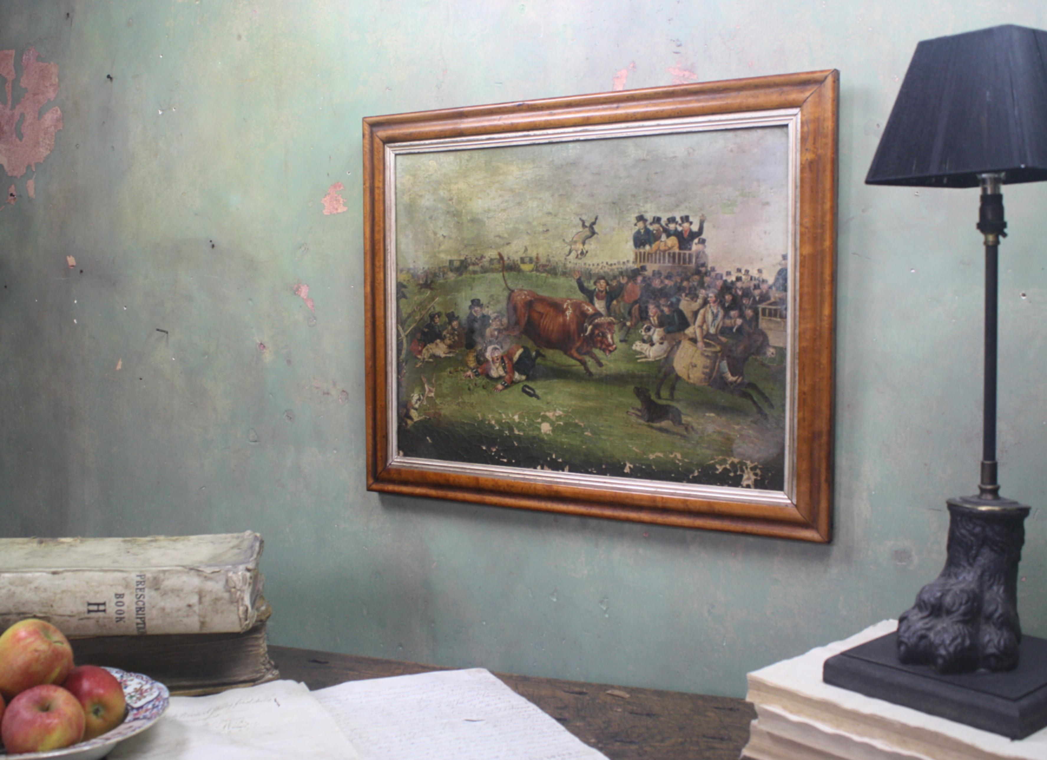 Peinture à l'huile sur toile « Bull Broke Loose » représentant un taureau battant, école anglaise naïve tardive en vente 10