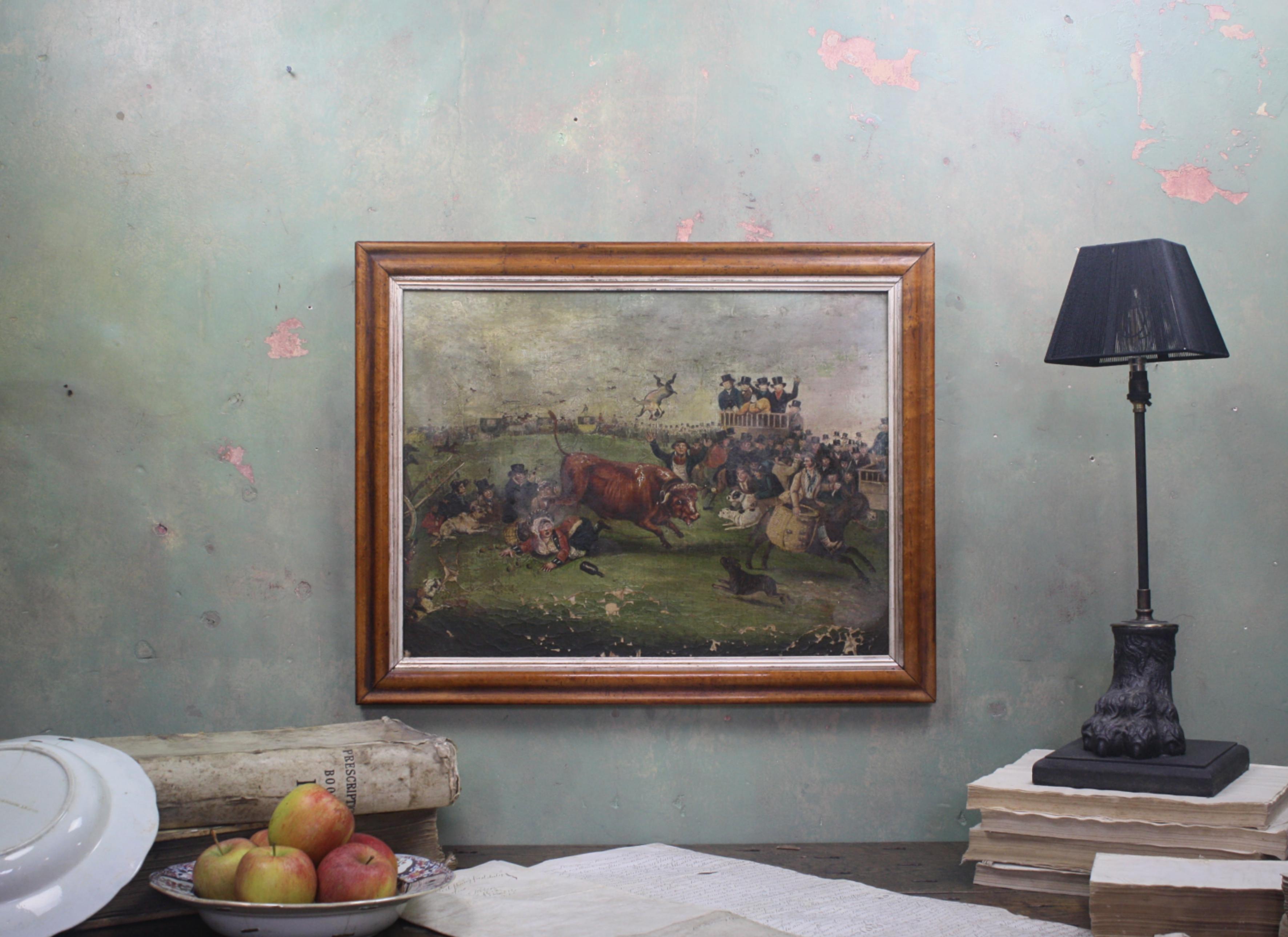 Peinture à l'huile sur toile « Bull Broke Loose » représentant un taureau battant, école anglaise naïve tardive en vente 11