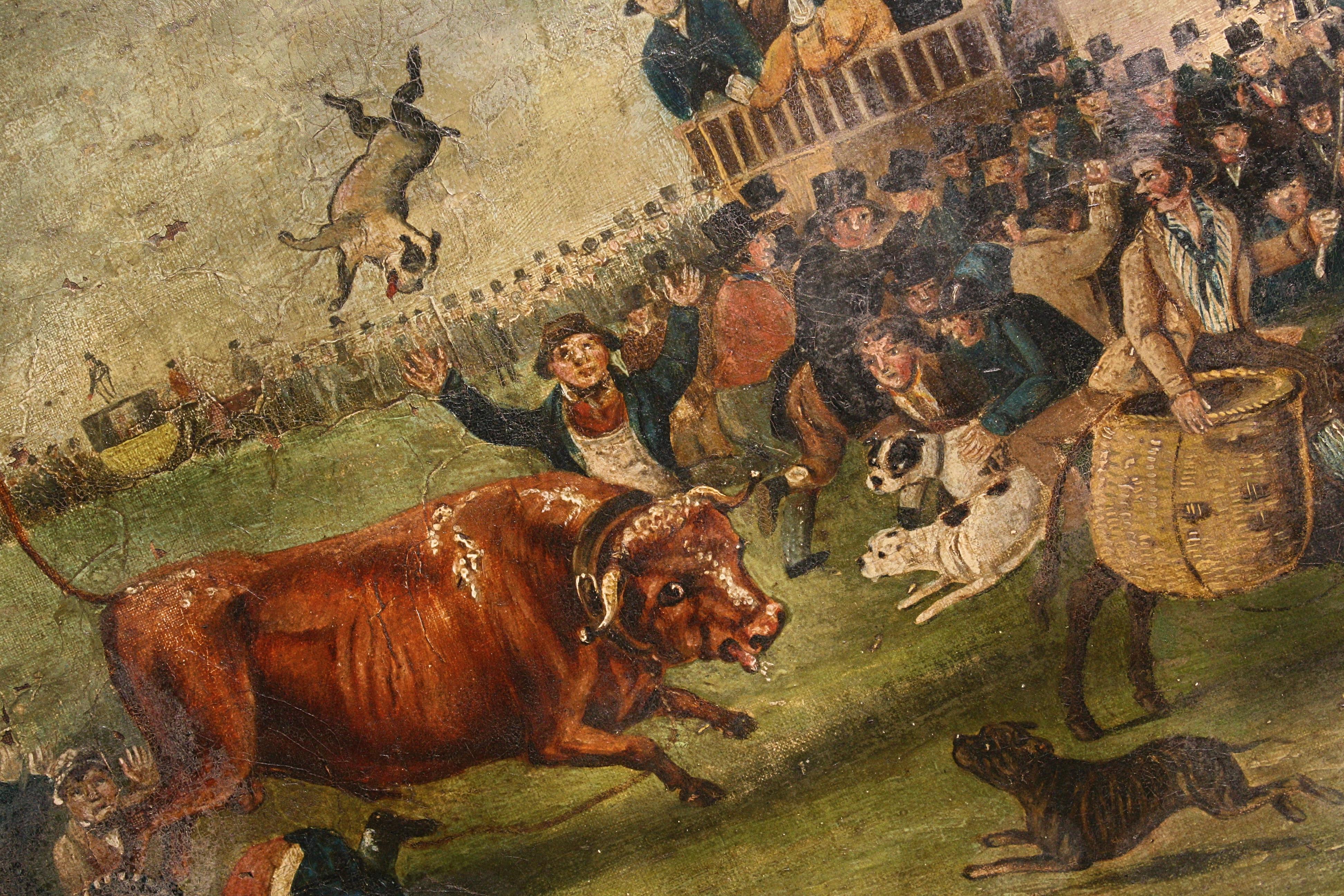 Late Naive English School Bull Broke Loose Bull Baiting Oil On Canvas Late Naive English School Bull Broke Loose Bull Baiting Oil On Canvas