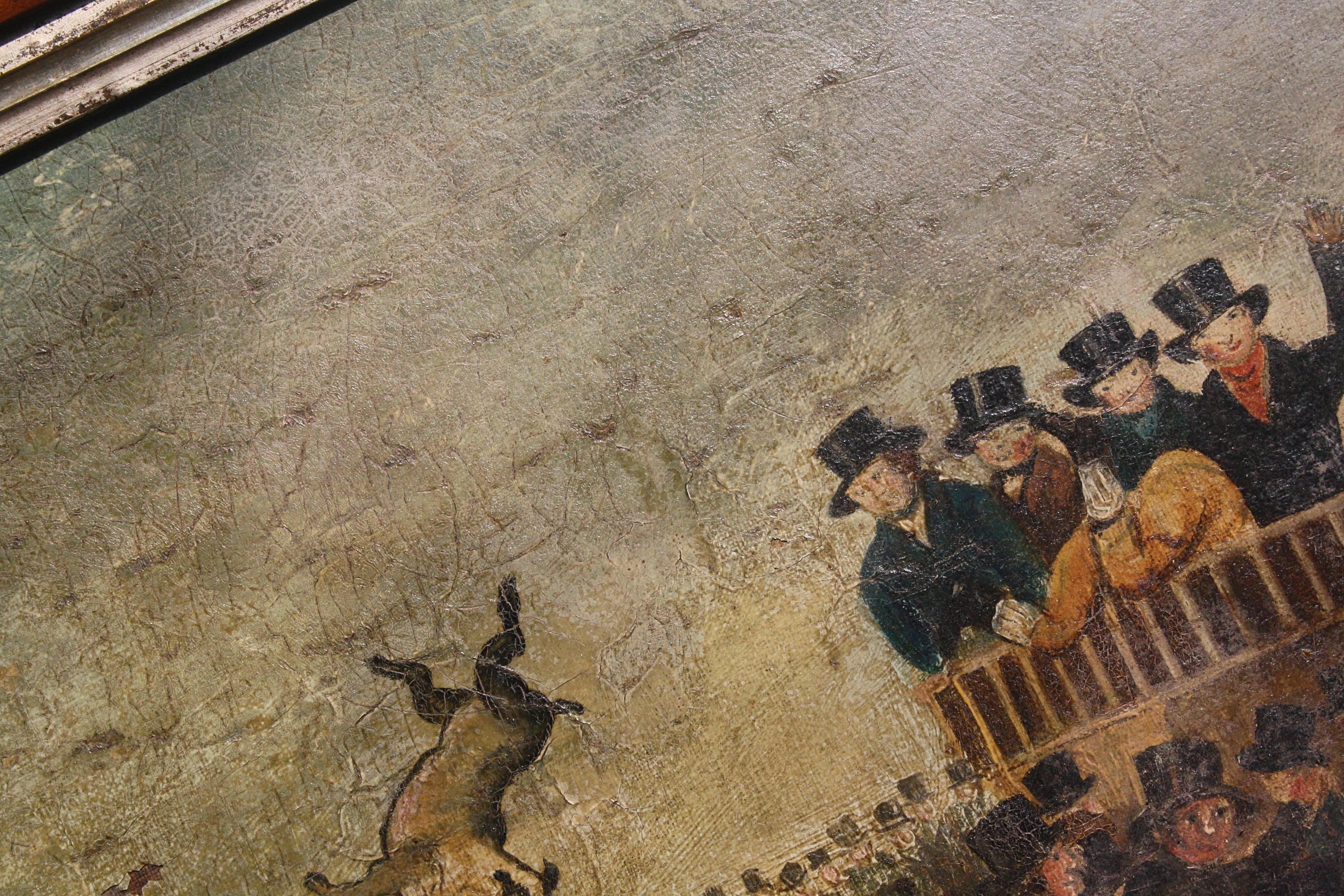 Anglais Peinture à l'huile sur toile « Bull Broke Loose » représentant un taureau battant, école anglaise naïve tardive en vente
