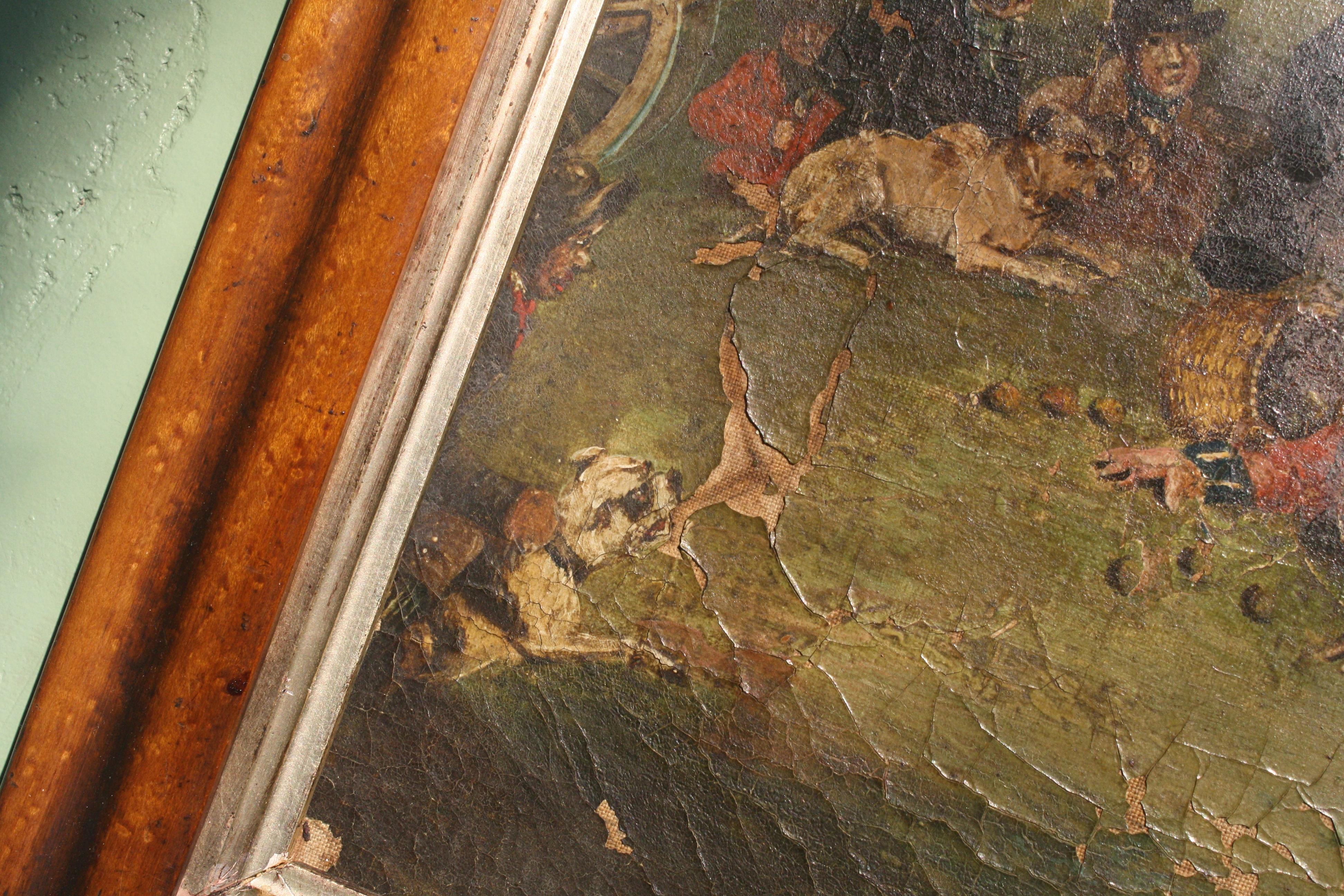 Peinture à l'huile sur toile « Bull Broke Loose » représentant un taureau battant, école anglaise naïve tardive Abîmé - En vente à Lowestoft, GB