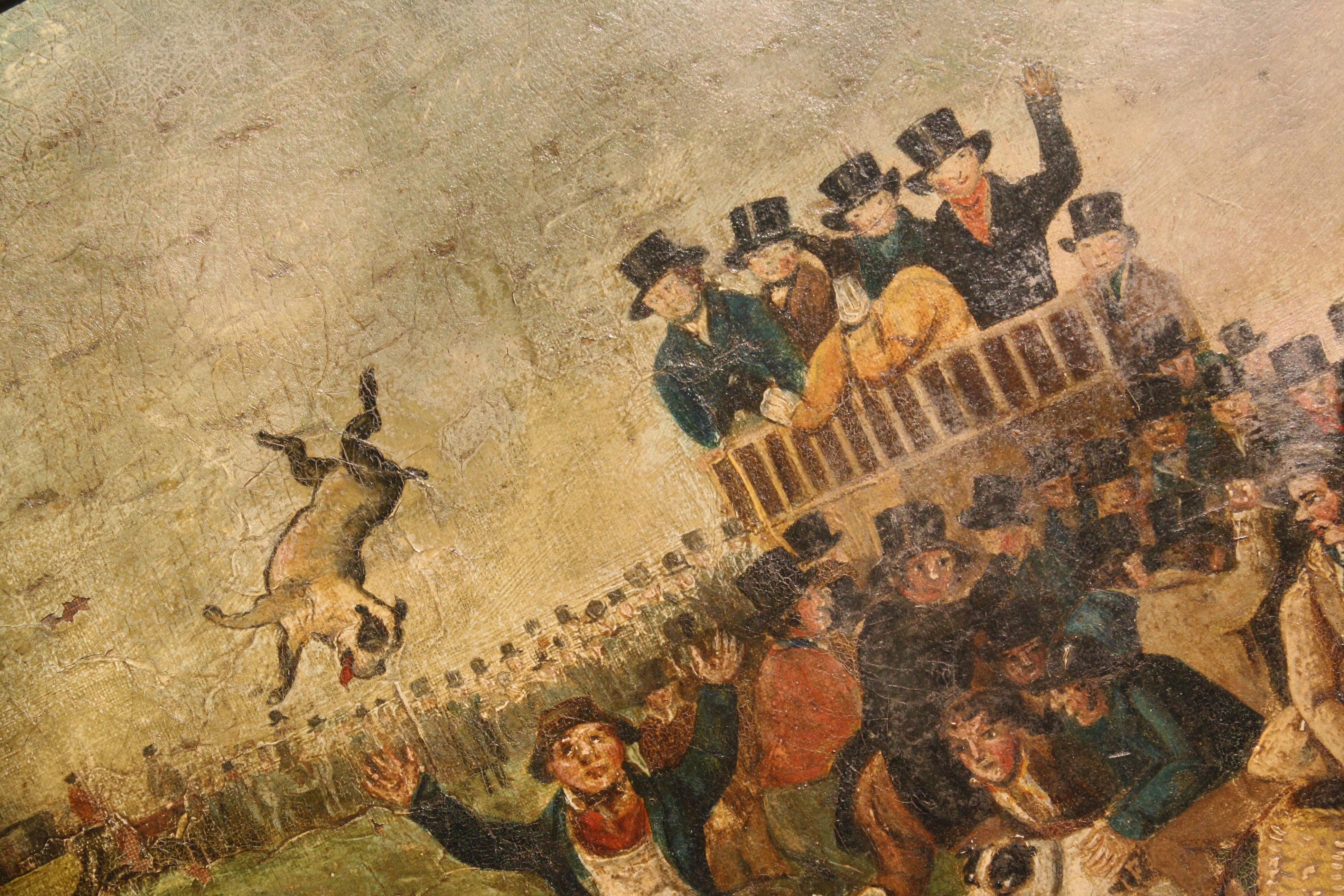 Peinture à l'huile sur toile « Bull Broke Loose » représentant un taureau battant, école anglaise naïve tardive en vente 1