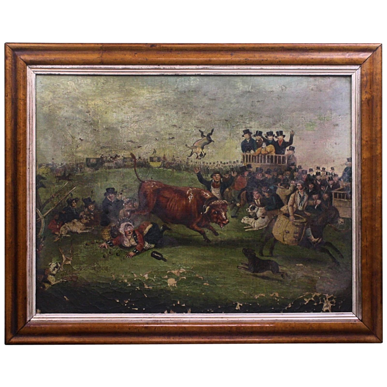 Peinture à l'huile sur toile « Bull Broke Loose » représentant un taureau battant, école anglaise naïve tardive