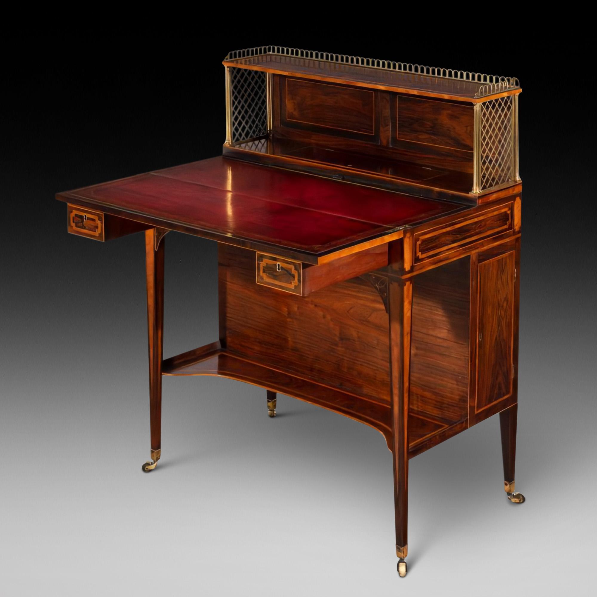 Late 18th century rosewood artists desk of Sheraton design with fold down table with inset easel, and well with lift up lid fitted for paint pots, fitted drawers with artists materials and a folio cabinet 30