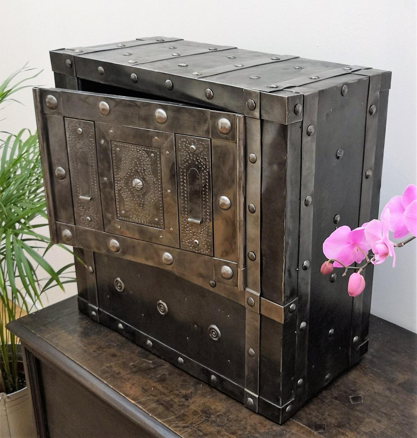 18th Century Wrought Iron Italian Antique Hobnail Safe Strongbox Bar Cabinet