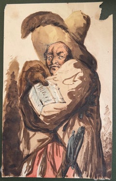 1780's-1800 Fine English School Ink & Watercolor Eccentric Cloaked Figure