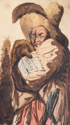 1780's-1800 Fine English School Ink & Watercolor Eccentric Cloaked Figure