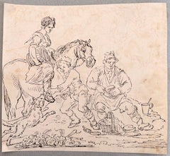 1780's-1800 Fine English School Ink & Watercolor Equestrian Scene & Figures