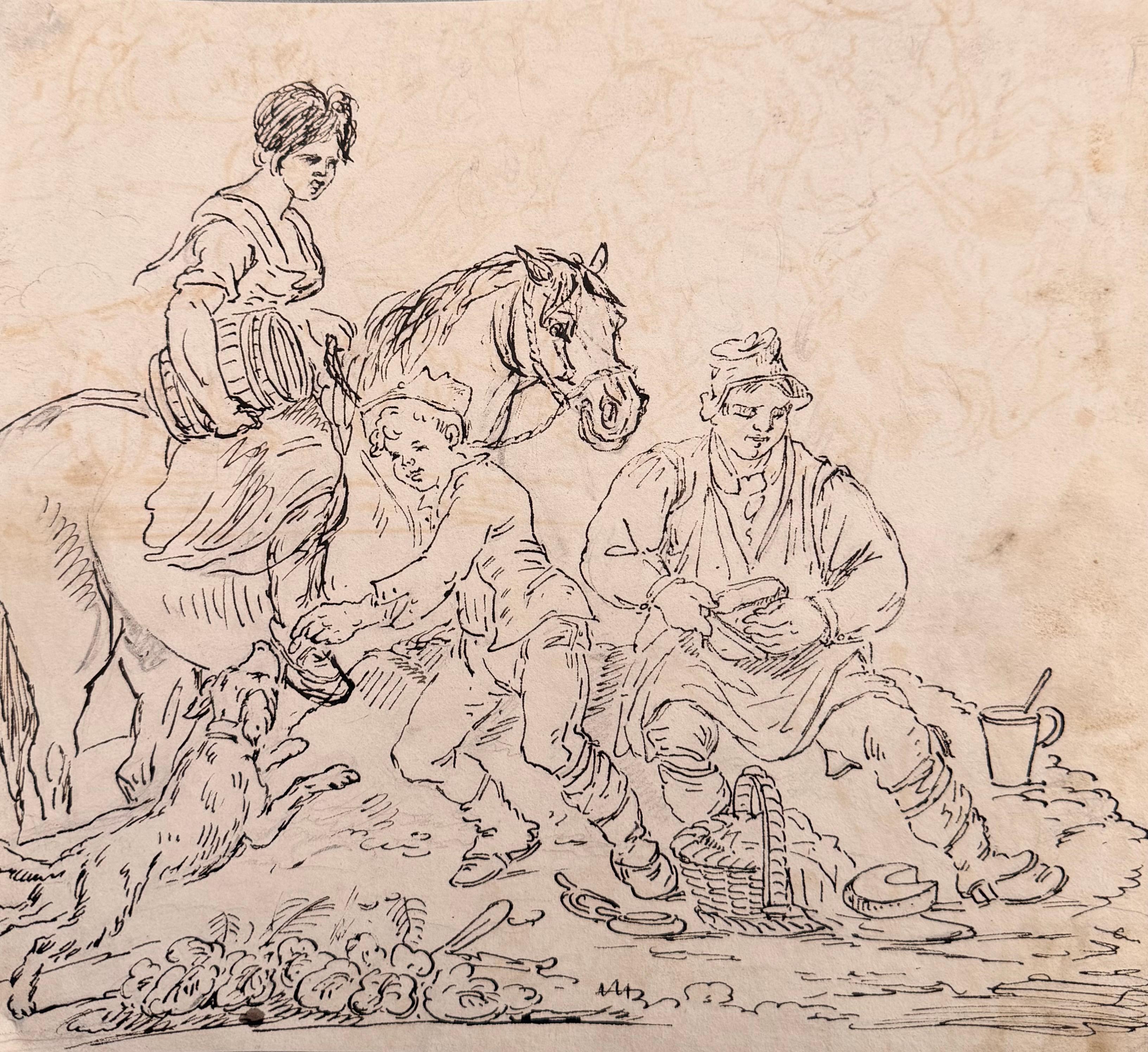 1780-1800 Scena equestre e figure ad inchiostro e acquerello della English School