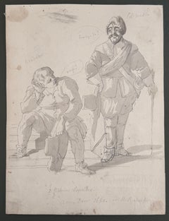 17th Century Cavaliers in Conversation Ink and Watercolour Figure Study