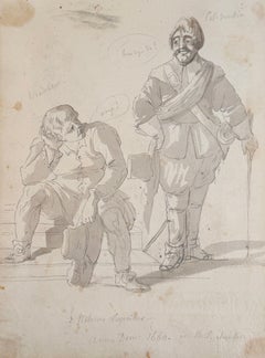 17th Century Cavaliers in Conversation Ink and Watercolour Figure Study