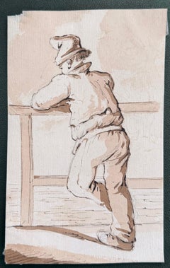17th Century Fine Georgian Figure Study of a Man Leaning on a Rail