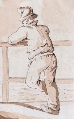 17th Century Fine Georgian Figure Study of a Man Leaning on a Rail
