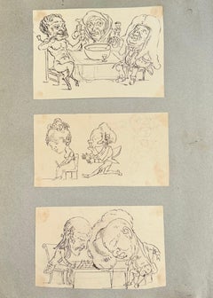 English Collection of Satirical Caricature Studies and Comic Figure Sketches