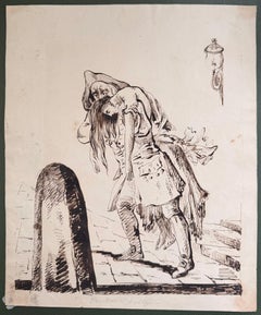 Fine English School Ink Drawing Gothic Romantic Rescue Figure Scene