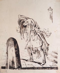 Fine English School Ink Drawing Gothic Romantic Rescue Figure Scene