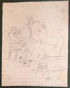Fine English School Ink Satirical Political Cartoon Figure Study Scene