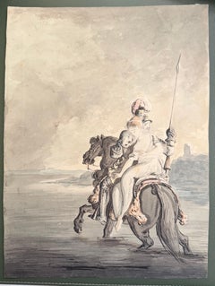 Fine English School Ink & Watercolor Armoured Cavalier Carrying Lady Horseback
