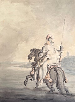 Fine English School Ink & Watercolor Armoured Cavalier Carrying Lady Horseback