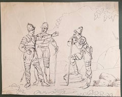 Fine English School Ink & Watercolor Armoured Military Figures in Conversation