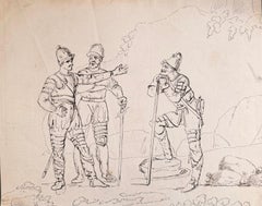 Fine English School Ink & Watercolor Armoured Military Figures in Conversation