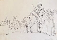 Fine English School Ink & Watercolor Brighton Horse Riders & Lady with Parasol