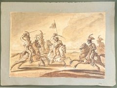 Fine English School Ink & Watercolor Cavalry Charge Horsemen with Sabres Battle