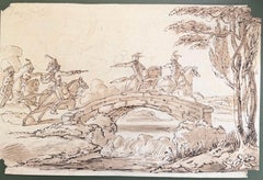 Fine English School Ink & Watercolor Cavalry Crossing Bridge Pursuit Scene