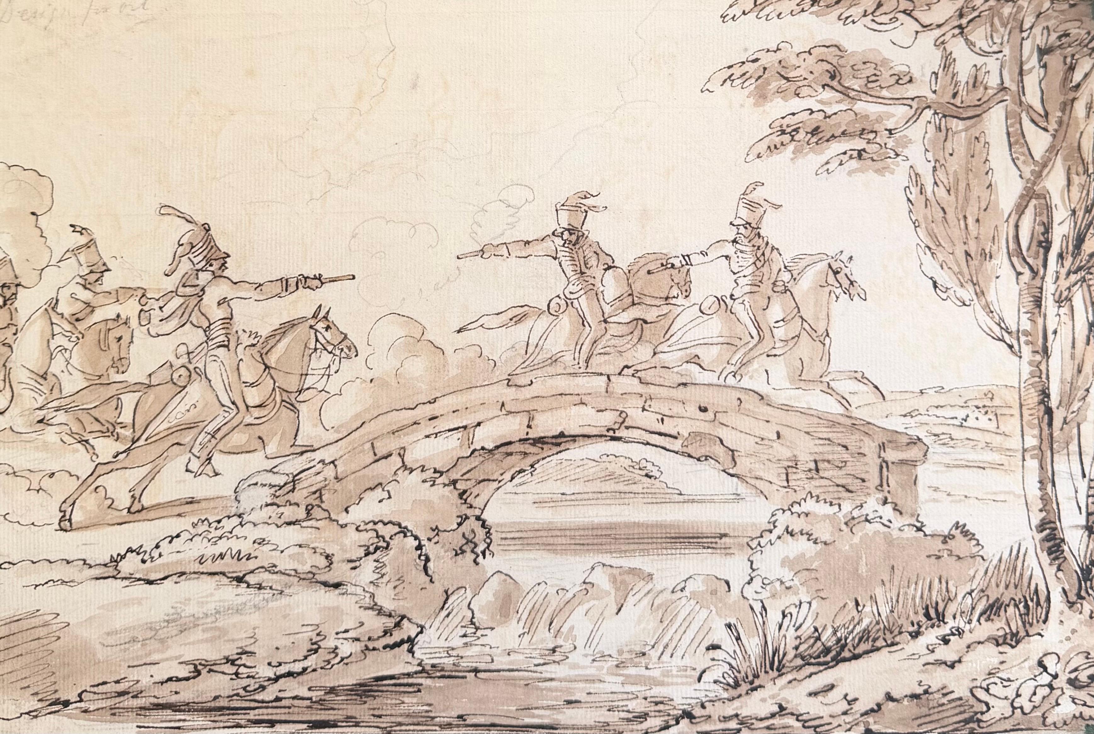 Fine English School Ink & Watercolor Cavalry Crossing Bridge Pursuit Scene