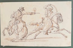 Fine English School Encre et aquarelle Scène de duel de cavalerie à cheval
