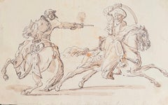 Fine English School Encre et aquarelle Scène de duel de cavalerie à cheval