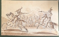 Fine English School Ink & Watercolor Cavalry Firing Pistol Battle Scene
