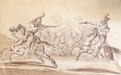Fine English School Ink & Watercolor Cavalry Firing Pistol Battle Scene