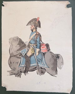 Fine English School Ink & Watercolor Cavalry Officer on Horse In Plumed Helmet