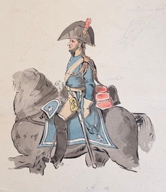 Fine English School Ink & Watercolor Cavalry Officer on Horse In Plumed Helmet