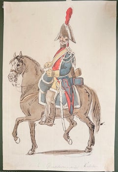 Fine English School Ink & Watercolor Cavalry Officer on Horseback Study