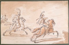 Fine English School Ink & Watercolor Cavalry Pursuit Scene with Mounted Figures