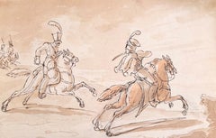 Fine English School Ink & Watercolor Cavalry Pursuit Scene with Mounted Figures