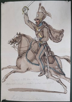 Fine English School Tinte & Aquarell Kavallerie Soldat zu Pferd erhobenen Säbel
