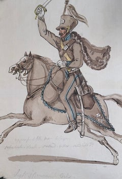 Fine English School Ink & Watercolor Cavalry Trooper on Horseback Raised Sabre