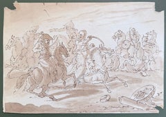 Fine English School Ink & Watercolor Chaotic Cavalry Battle Scene Riders Horses