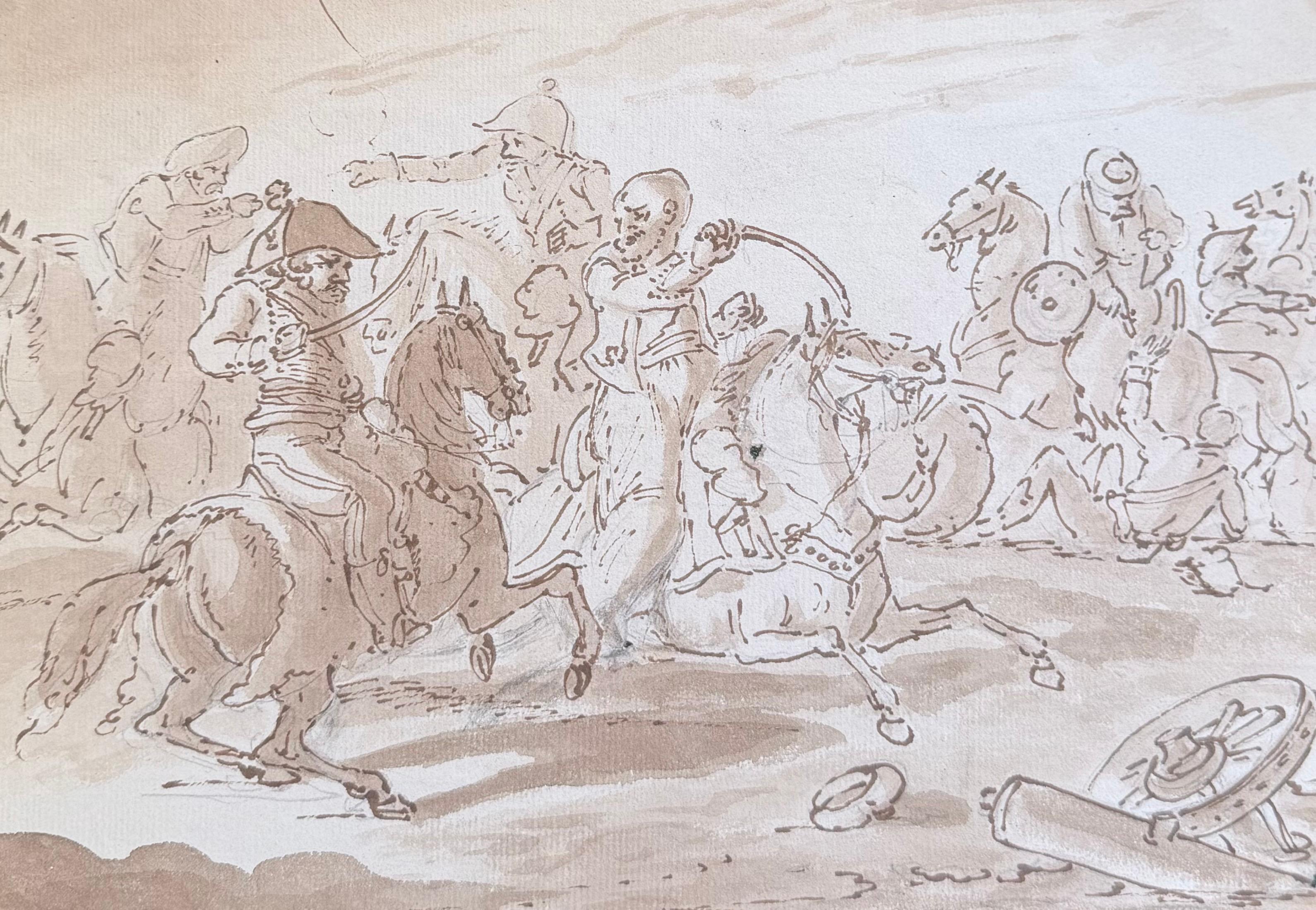 Fine English School Ink & Watercolor Chaotic Cavalry Battle Scene Riders Horses