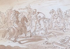 Fine English School Ink & Watercolor Chaotic Cavalry Battle Scene Riders Horses